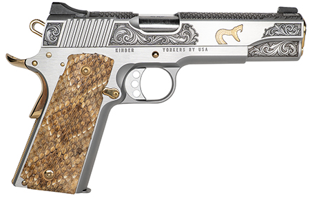 Cnc Firearms CNCRATTLER Kimber 1911 Rattler Sports South Exclusive 45 ACP Stainless Barrel, Stainless w/Gold Plating Steel Engraved/Serrated Slide  &  Frame w/Beavertail, Genuine Snakeskin Grip