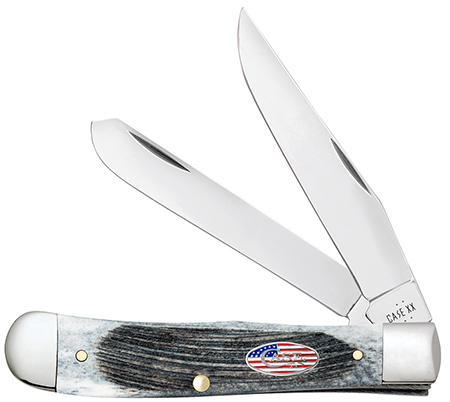 Case 53060 Trapper Stars  &  Stripes 3.24"/3.27" Folding Clip Point/Spey Plain Mirror Polished Tru-Sharp SS Blade, Sawcut Jig Gray Bone Handle, American Flag Shield