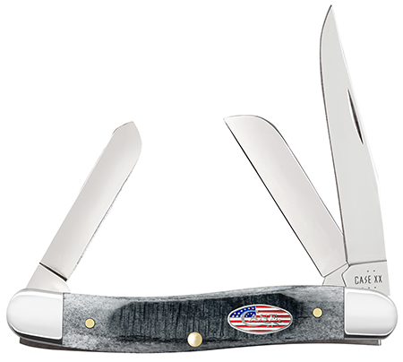 Case 53061 Stockman Stars  &  Stripes Medium 2.57"/1.88"/1.71" Folding Clip Point/Pen/Sheepsfoot Plain Mirror Polished Tru-Sharp SS Blade, Sawcut Jig Gray Bone Handle, American Flag Shield