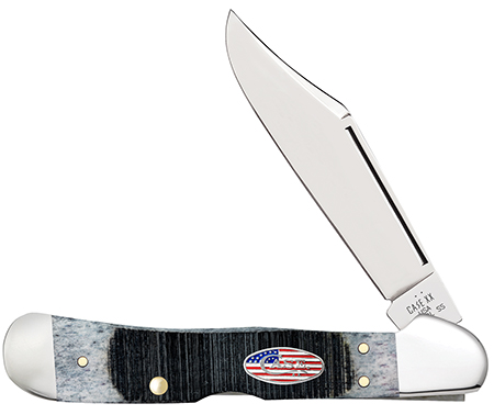 Case 53063 CopperLock Stars  &  Stripes 2.99" Folding Wharncliffe Plain Mirror Polished Tru-Sharp SS Blade, Sawcut Jig Gray Bone Handle, American Flag Shield