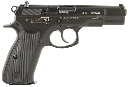 CZ-USA 01109 75B 50th Anniversary 9mm Luger 10+1 4.60" Steel Barrel, Black Serrated Steel Slide Engraved w/50th Anniversary, Black Polycoat Steel Frame w/Beavertail, Black Plastic Grip