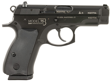 CZ-USA 91122 75 50th Anniversary Compact 9mm Luger 15+1 3.75" Black Steel Barrel  &  Serrated Slide, Black Polycoat Steel Frame w/Beavertail, Black Plastic Grip, Right Hand