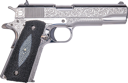 Cnc Firearms CNCTUX38 Colt 1911 Tuxedo 38 Super 9+1 5" Stainless Steel Barrel, High Polished w/Black DLC Engraving Stainless Steel Serrated Slide  &  Frame, Stingray Grip