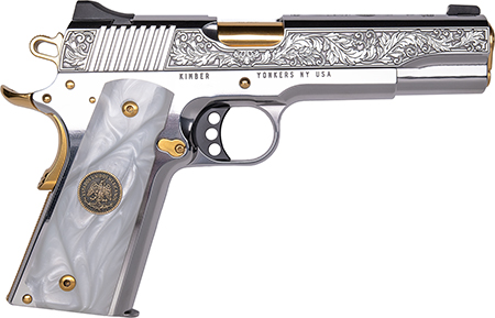 Cnc Firearms CNCPATRIA Kimber 1911 Patria 38 Super 9+1 Gold Plated PVD Barrel, Polished Stainless Steel Engraved/Serrated Slide, Stainless w/Gold Accents Frame, Pearl Grip