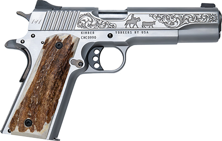 Cnc Firearms CNCCATTLEMAN Kimber 1911 Cattleman 45 ACP 7+1 5" Stainless Steel Barrel, Stainless Scenic Cattleman Engraved Slide, Stainless Frame, Stag Grip