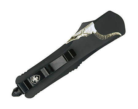 Templar Knife  Gen II Badlands Slim 3.43" OTF Tanto Plain Black Oxide Stonewashed 440C SS Blade, 5.05" Black w/Cattle Skull Aluminum Handle, Glass Breaker