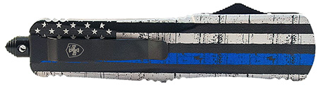 Templar Knife  Gen II Back The Blue Small 2.75" OTF Drop Point Plain Black Oxide Stonewashed 440C SS Blade, 4.25" B & W US Flag w/Blue Line Aluminum Handle, Glass Breaker