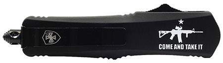 Templar Knife  Gen II Come And Take It Large 3.50" OTF Tanto Plain Black Oxide Stonewashed 440C SS Blade, 5.50" Black "Come And Take It" w/Cannon Aluminum Handle, Glass Breaker