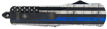 Templar Knife  Gen II Back The Blue Large 3.50" OTF Tanto Part Serrated Black Oxide Stonewashed 440C SS Blade, 5.50" B & W US Flag w/Blue Line Aluminum Handle, Glass Breaker