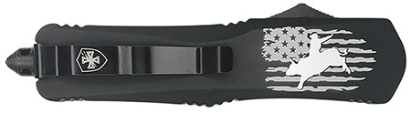 Templar Knife  Gen II Eight Seconds Slim 3.43" OTF Tanto Plain Black Oxide Stonewashed 440C SS Blade, 5.05" Black w/US Flag, Bull Rider Aluminum Handle, Glass Breaker
