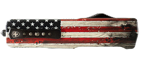Templar Knife  Premium Weighted Wood US Flag Slim 3" OTF Tanto Part Serrated Black Oxide Stonewashed Powder Coated D2 Steel Blade, 4.50" Painted Wood Grain US Flag Aluminum Zinc Alloy Handle