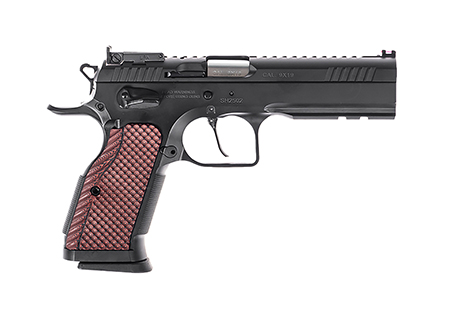Tanfoglio  Stock III Special 9mm Luger 17+1 4.75" Stainless Polygonal Rifled Barrel, Black Steel Optic Ready/Serrated Slide, Black Steel Frame w/Beavertail, Red G10 Grip