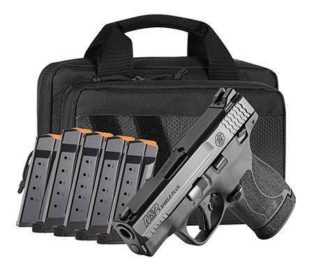 Smith  &  Wesson 14750 M & P Shield Plus Bundle Micro-Compact 9mm Luger 13+1, 3.10" Black Armornite Stainless Steel Barrel  &  Serrated Slide, Matte Black Polymer Frame,  Thumb Safety, 6 Mags  &  Bag