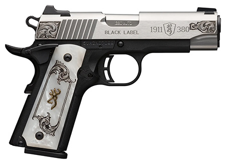 Browning 051967492 1911 Black Label Medallion Compact 380 ACP 8+1 3.63" Matte Stainless Stainless Steel Barrel  &  Serrated Slide, Matte Black Polymer Frame w/Beavertail, White Imitation Pearl Grip