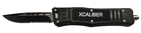Xcaliber Knife Company  380 ACP  Medium 3.25" OTF Part Serrated Black 440C SS Blade, 4.64" Steel Handle