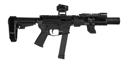 Shark Coast Tactical SCC06704SPBO9-D Sneeky Pete Deluxe w/Optic 9mm Luger 30+1 5.50" Black Melonite Threaded Barrel, Black Cerakote Receiver, SB Tactical SBA3 Brace, Vortex Crossfire Red Dot, Streamli