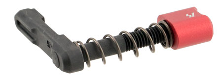 Strike Industries ARSMCRED Magazine Catch  made of Black Steel with Red 6061-T6 Aluminum Release Button for AR-Platform