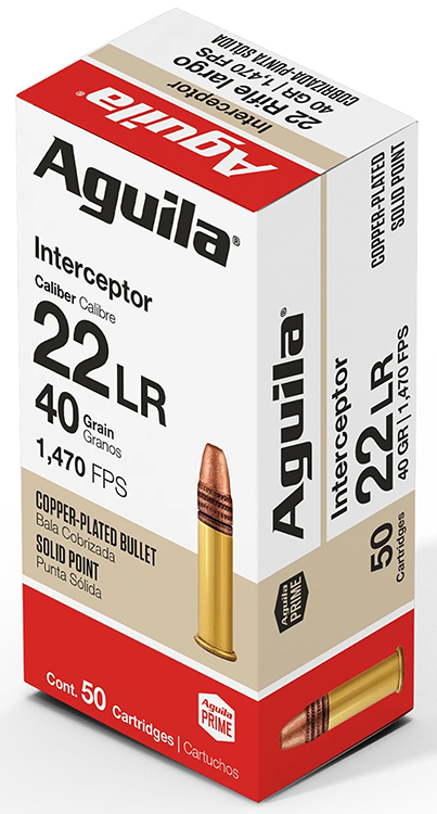Aguila 1B220320 Interceptor Rimfire 22LR 40gr Copper Plated Solid Point 50 Per Box/20 Case