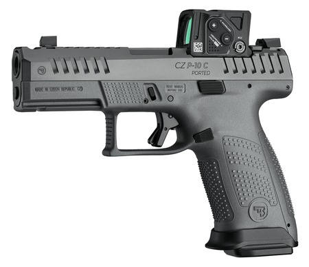 CZ-USA 01582 P-10 C w/Optic Compact Frame 9mm Luger 10+1 4" Black Nitride Integral Compensator Barrel, Black Nitride Steel Serrated w/Optic Slide, Black Polymer Frame w/Accessory Rail Textured Grip, A