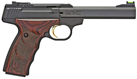 Browning 051429490 Buck Mark Plus *CA Compliant 22 LR 10+1 5.50" Slab Side Barrel, Matte Black Serrated Steel Slide   &  Aluminum Frame, Brown Finger Grooved Laminate Grips