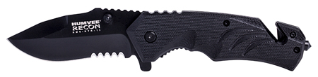 Humvee Adventure Gear HMVKTR15 Tactical Recon  3" Folding Drop Point Part Serrated Black Stainless Steel Blade/Black Textured Features Glass Breaker/Seat Belt Cutter Includes Pocket Clip