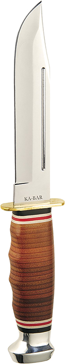 Ka-Bar 1235 Marine Hunter  5.88" Fixed Clip Point Plain Polished 4116 SS Blade, Stacked w/Finger Grooves Leather Handle, Includes Sheath