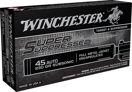 Winchester Ammo SUP45 Super Suppressed  45ACP Subsonic 230gr Encapsulated Full Metal Jacket 50 Per Box/10 Case