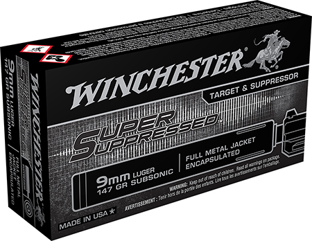Winchester Ammo SUP9 Super Suppressed  9mmLuger Subsonic 147gr Encapsulated Full Metal Jacket 50 Per Box/10 Case