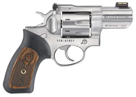Ruger 1774 GP100  Small Frame 357 Mag 7 Shot, 2.50" Satin Stainless Steel Barrel, Satin Stainless Cylinder, Satin Stainless Steel Frame, Black Rubber w/Wood Insert Grip, Exposed Hammer