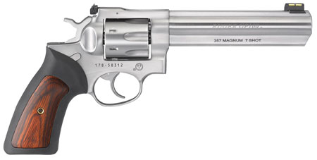 Ruger 1773 GP100  357 Mag 7 Shot, 6" Satin Stainless Steel Barrel, Satin Stainless Cylinder, Satin Stainless Steel Frame, Black Rubber w/Wood Insert Grip, Exposed Hammer