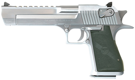 Magnum Research DE50BC Desert Eagle Mark XIX 50 AE Caliber with 6" Picatinny Rail Barrel, 7+1 Capacity, Overall Brushed Chrome Finish Carbon Steel, Beavertail Frame, Serrated Slide  &  Black Rubber Grip
