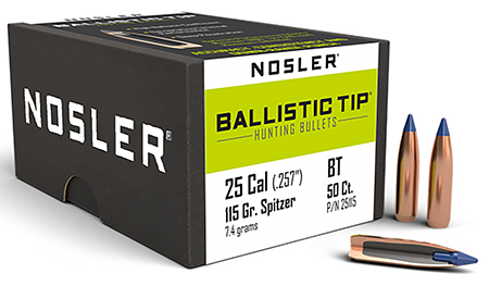 Nosler 25115 Ballistic Tip  25Cal 115gr Spitzer Point 50/Box