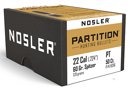Nosler 16316 Partition  22Cal 60gr Partition Spitzer 50/Box