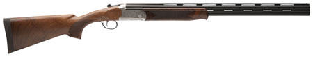 Stevens 22593 555 E Full Size 20 Gauge Break Open 3" 2rd 26" Black Satin Vent Rib Barrel, Engraved Satin Silver Aluminum Receiver, Fixed Satin Turkish Walnut Stock, Ambidextrous