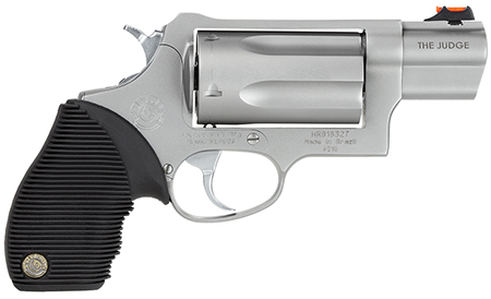 Taurus 2441039TC Judge Public Defender Small Frame 45 Colt (Long Colt)/ 410 Bore 5rd 2" Matte Stainless Steel Barrel, Cylinder  &  Frame, Black Ribber Grip, Transfer Bar Safety, Exposed Hammer