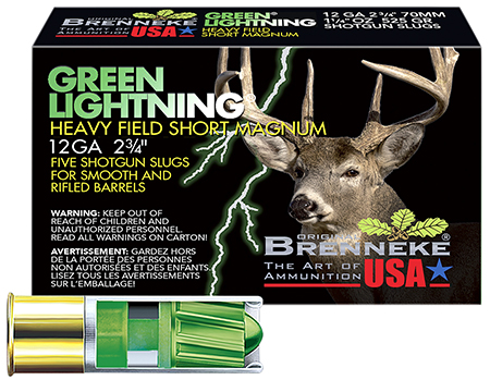 Brenneke SL122HFSGL Green Lightning Heavy Field 12Gauge 2.75" 1 1/4oz Slug Shot 5 Per Box/50 Case