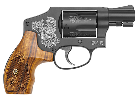 Smith  &  Wesson 150785 Model 442  38 S&W Spl +P 5 Shot 1.88" Engraved Black Carbon Steel Barrel/Cylinder, Engraved Black Aluminum J-Frame, Engraved Wood Grip, Mahogany Presentation Case