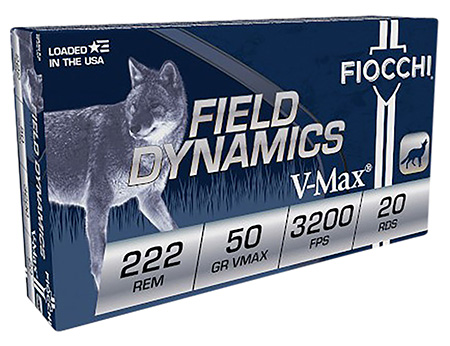 Fiocchi 222HVA Field Dynamics  222Rem 50gr Hornady V Max 20 Per Box/10 Case