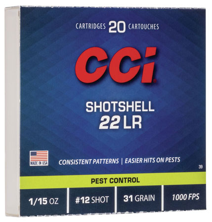 CCI 0039 Rimfire Shotshell 22LR 31gr #12Shot 20 Per Box/100 Case