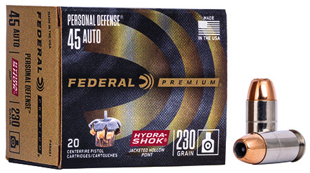 [029465085414] Federal P45HS1 Premium Personal Defense 45ACP 230gr Hydra-Shok Jacketed Hollow Point 20 Per Box/25 Case
