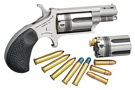 [744253002304] North American Arms 22MCTW Wasp Combo 22 LR or 22 WMR 5 Shot 1.63" Vent Rib Barrel, Overall Stainless Steel Finish, Black Pebbled Texture Rubber Grip Includes Cylinder