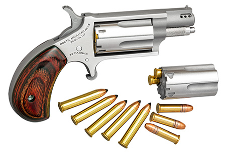 [744253002168] North American Arms 22MSCP Mini-Revolver Combo 22 LR or 22 WMR 5 rd 1.13" Ported Barrel, Overall Stainless Steel Finish, Rosewood Birdshead Grip Includes Cylinder