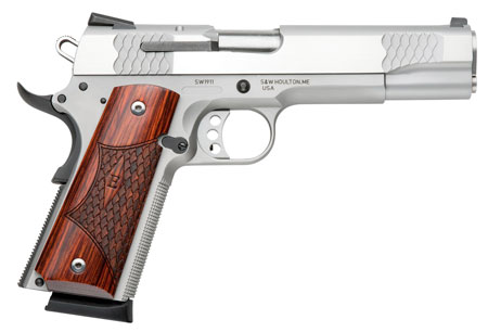 [022188084825] Smith  &  Wesson 108482 1911 E-Series Serrated Frame 45 ACP 8+1 5" Stainless Steel Barrel, Satin Stainless Serrated Slide  &  Frame w/Beavertail, Laminate Wood Grip