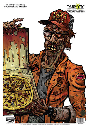 [029057356502] Birchwood Casey 35650 Darkotic Special Delivery Zombie Pizza Delivery Paper Hanging Universal 12" x 18" Multi-Color Impact Enhancement Splatter 8 Per Pkg