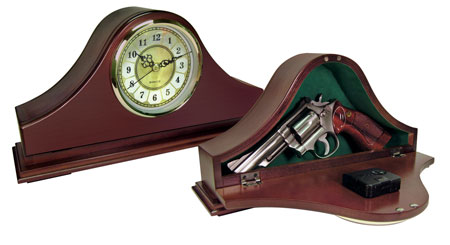 [797053100084] Peace Keeper MGC Mantle Gun Clock  Front Panel Entry Mahogany Stain Wood Holds 1 Handgun 14.62" L x 7.37" H x 3.75" D