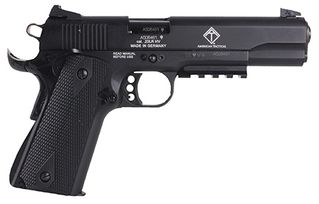 [813393012600] GSG GSG1911ADOP M1911 ADOP 22 LR 10+1 5" Black Steel/Threaded Barrel  &  Serrated Slide, Zinc Alloy w/Accessory Rail  &  Beavertail Frame Black Double Diamond Polymer Grip
