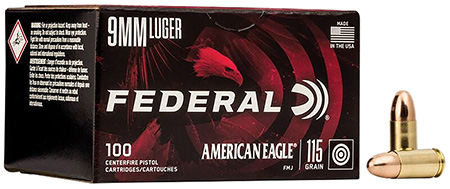 [029465062477] Federal AE9DP100 American Eagle Handgun 9mmLuger 115gr Full Metal Jacket 100 Per Box/5 Case