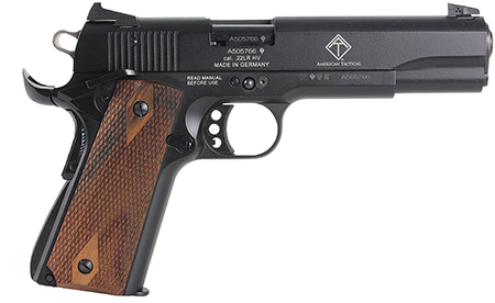 [813393013959] GSG GSG2210M1911CA 1911 *CA Compliant 22 LR 10+1 5" All Black Anodized Steel Barrel, Serrated Slide, Zinc Alloy w/Beavertail Frame, Double Diamond Walnut Grip
