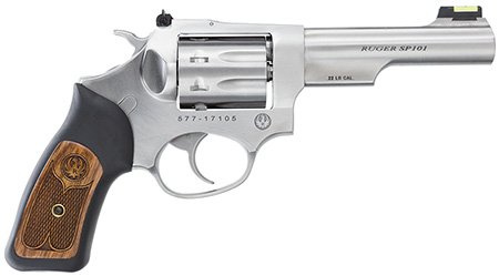 [736676057658] Ruger 5765 SP101  22 LR 8rd 4.20" Satin Stainless Steel Barrel, Cylinder  &  Frame, Black Rubber w/Wood Insert Grip, Transfer Bar Safety, Exposed Hammer
