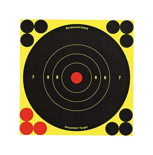 [029057345124] Birchwood Casey 34512 Shoot-N-C Reactive Target Self-Adhesive Paper Black/Yellow/Red 6" Bullseye 12 Pack